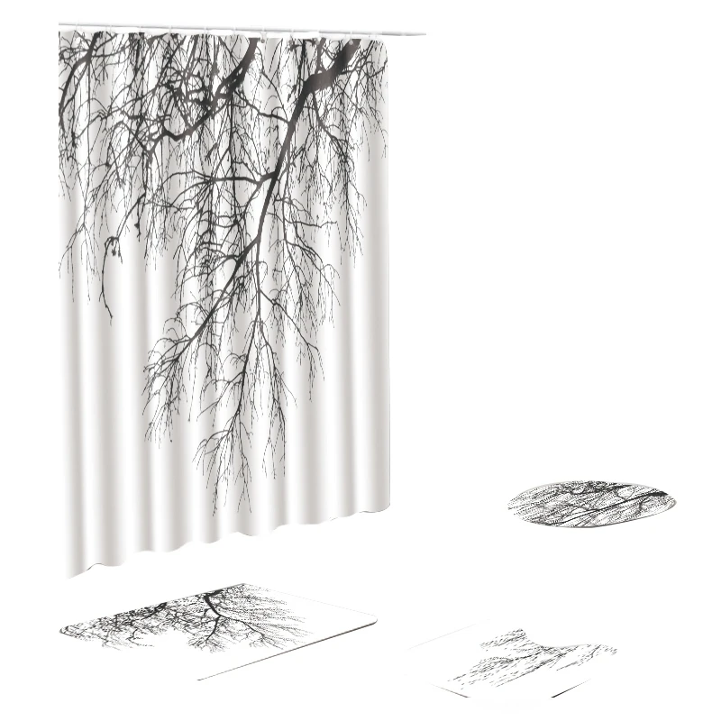 180X180Cm Waterproof Bathroom Shower Curtain Toilet Cover Mat Non-Slip Rug Set 6x Hooks