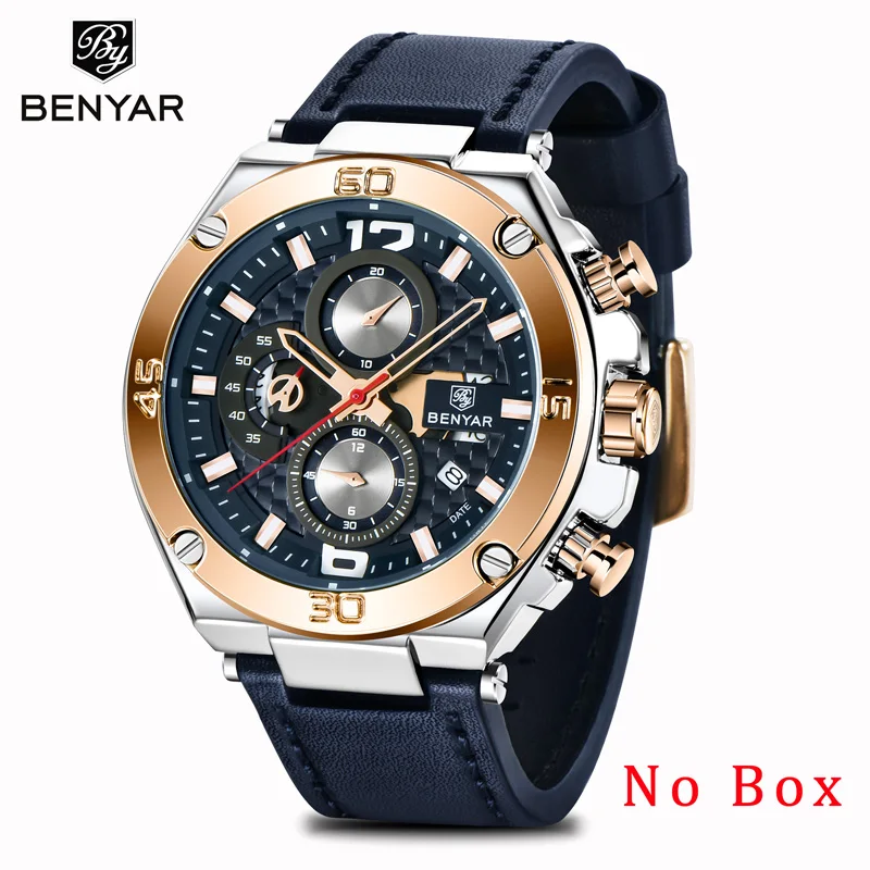 Gold No Box Мужские часы, BENYAR, кварцевые наручные часы, военные мужские часы, Топ бренд, роскошные золотые модные спортивные мужские часы, кожа, Reloj Hombre - Цвет: Gold No Box