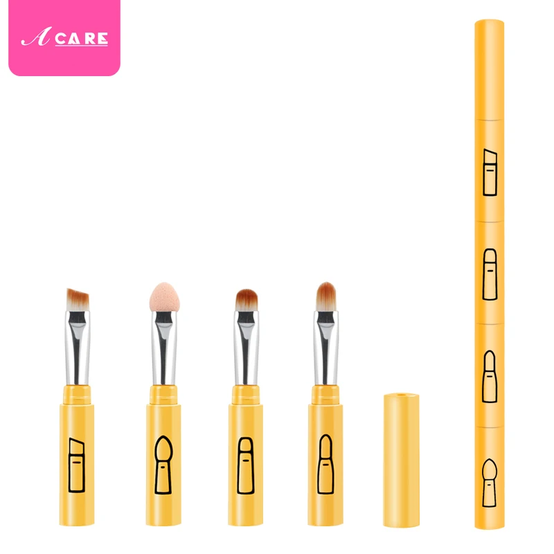 Yellow Кисти для макияжа четыре в одном, косметические кисти, тени для век, Кисть для макияжа губ, бровей, пудры, основы, профессиональные инструменты для макияжа - Handle Color: Yellow