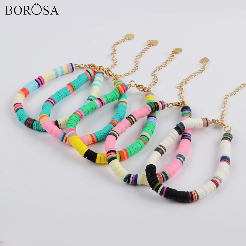 BOROSA 10 шт. Boho красочные браслеты бусины из полимерной глины глиняные ломтики пластик тонкий диск эластичная струна ручной работы браслет HD0090