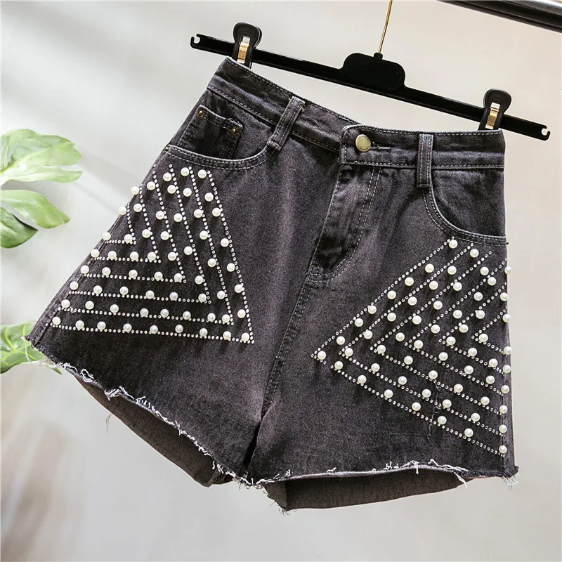 Women Clothes Women's Shorts New Solid Color Beaded Thin High Waist Harajuku Wild Wide Leg Jeans Women Pants Jeans