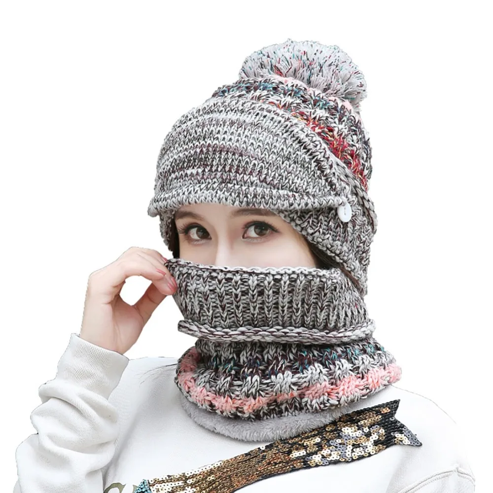 Beanie Hat Scarf Face Mask Set Thick Patchwork Detachable Knitted Cap Neck Warmer Headwear New