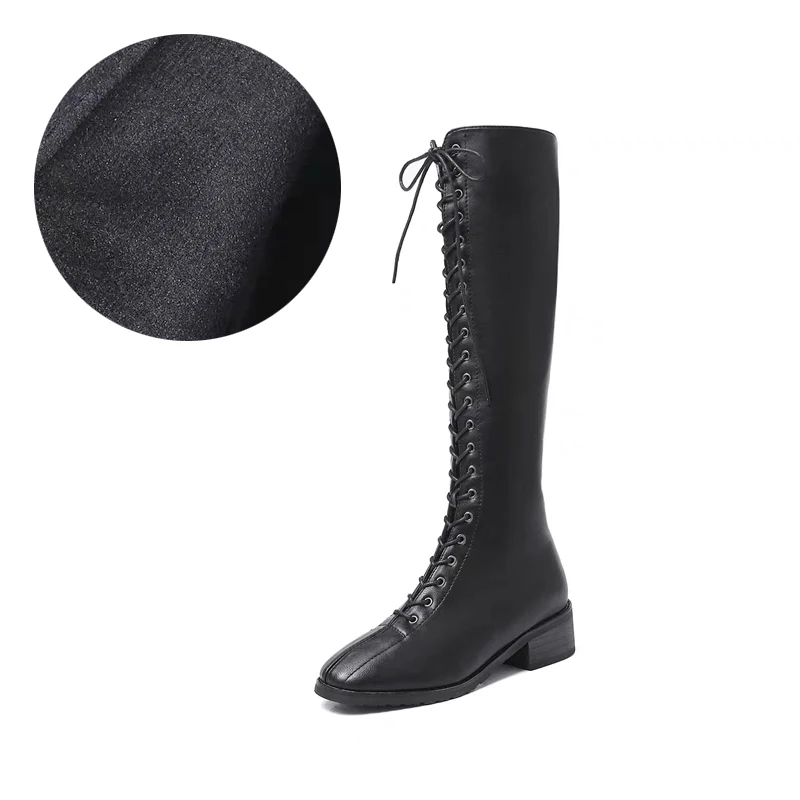 Autumn Lace Up Knee High Boots Women Black Square Heels Platform Rose Shoes Woman Winter Leather Botas Mujer Big Size