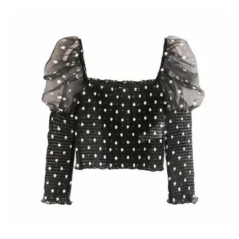 

Stylish polka dots print blouses elastic puff long sleeve shirts female 2020 casual short style black tops blusas mujer