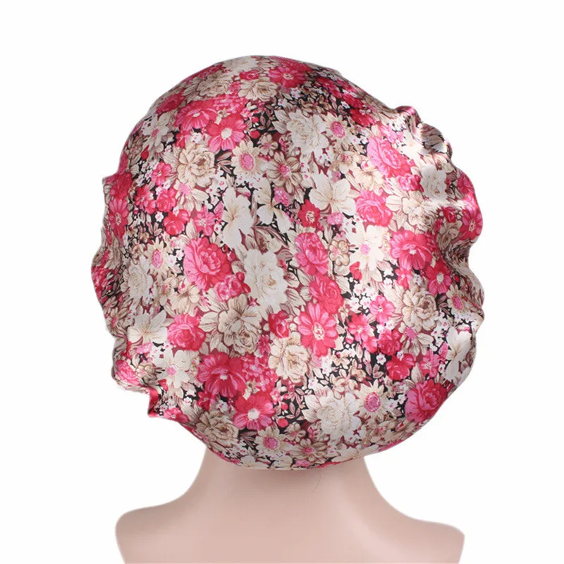 Новинка, мягкая шелковая шапочка для волос, женские шапочки, Флокированная Атласная шапочка для химиотерапии, эластичность, уход за волосами, ночная шапочка, шапочка для душа - Цвет: flower deep pink