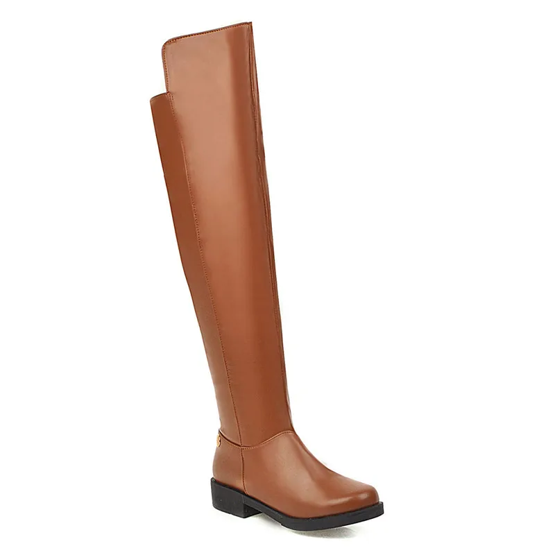 Коричневый MoonMeek Big size 34-44 pu leather over the knee boots low heel round toe zipper women boots black brown winter women boots - Цвет: Коричневый