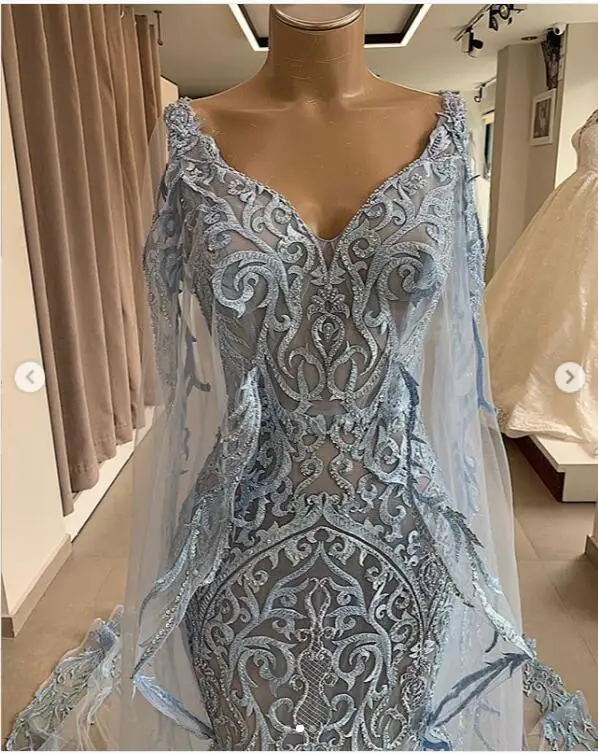 Элегантное голубое небо, кружевное платье русалки для выпускного вечера с длинным плащом, аппликацией, длинное платье для выпускного вечера, модное торжественное платье Vestidos