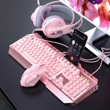 SAMTIAN Pink Keyboard Mouse Headset Gaming Combos USB Wired Keyboard Mice Set with LED Backlight for Gamer Computer PC Laptop