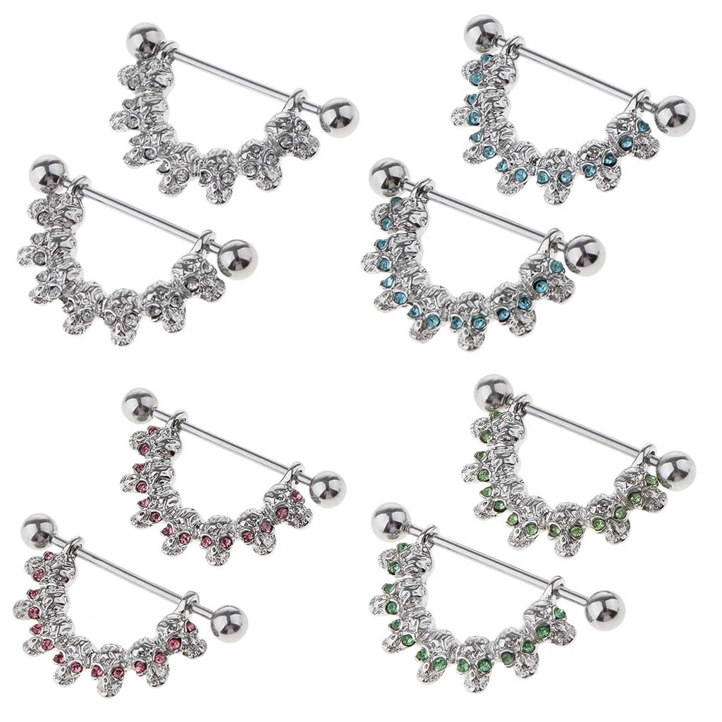 1 Pair Dangle Skull Charm Nipple Ring Rhinestone Eyes Circle Shield Body Jewelry 16 Gauge Sexy Lady