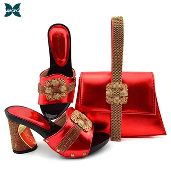 

New Italian design Ladies Shoes and Bags To Match Shoes with Bag Decorated with Rhinestone Women Shoes and Bag Set in Red Color