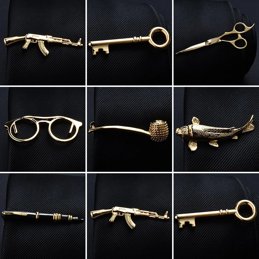 

New Tie Clip for Men Fashion Style Glasses Scissors Gold Tone Bar Practical Necktie Clasp Tie Accessories Mens Gift Tie Clips