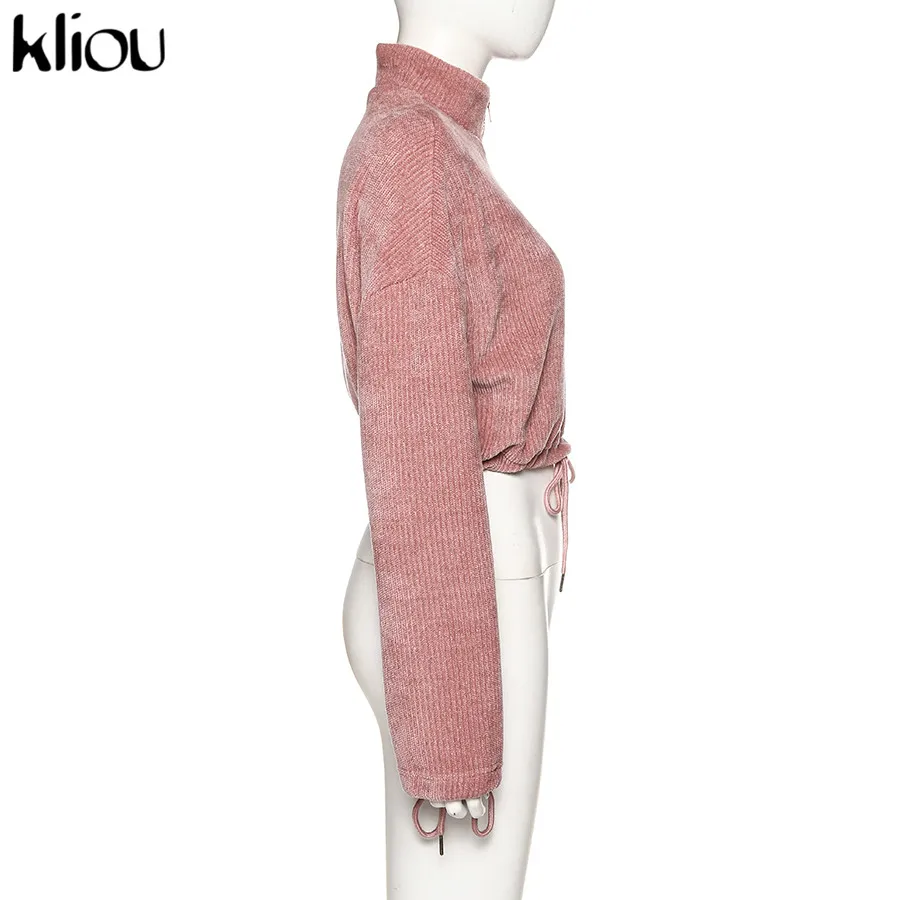 Kliou, женская, элегантная, простая, офисная, женская футболка, короткий топ, весна, однотонный, длинный рукав, молния, половина, водолазка, Повседневный, уличный Топ