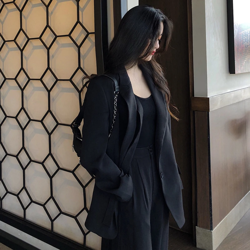 Новое поступление, женский темно-хаки однотонный комплект из 2 предметов, зубчатый Блейзер, высокая талия, широкие брюки, шикарный костюм, женский корейский стиль, S9O501F - Цвет: Only black blazer