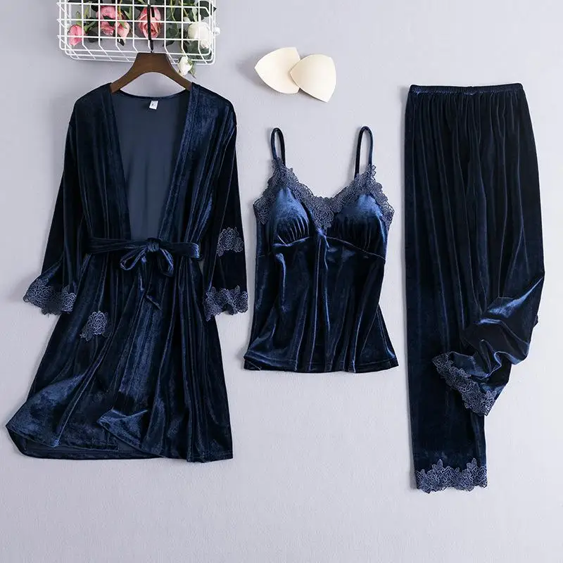 Женский Велюровый костюм из 3 предметов, кимоно, банное платье, классический пояс, ночная рубашка, сексуальное интимное белье, кружевная Лоскутная ночная рубашка - Цвет: Navy Blue
