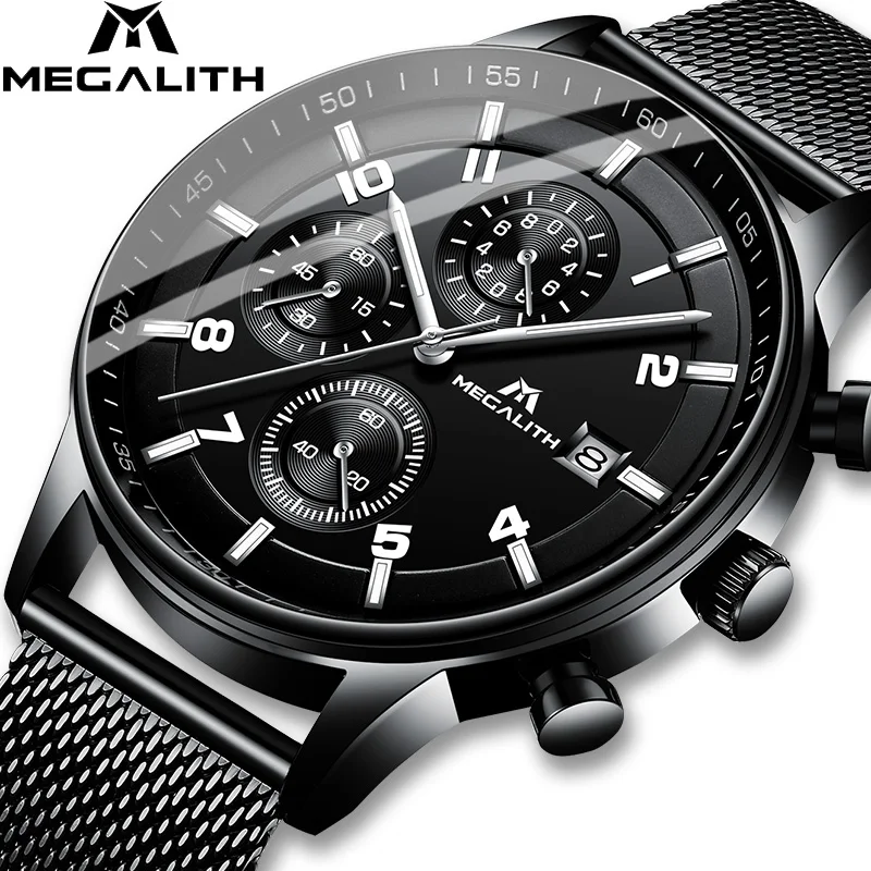 

MEGALITH Mens Watch Stainless Steel Mesh Strap Ultra Slim Band Quartz Watch Casual Wristwatch Waterproof Chronograph Clock 8003