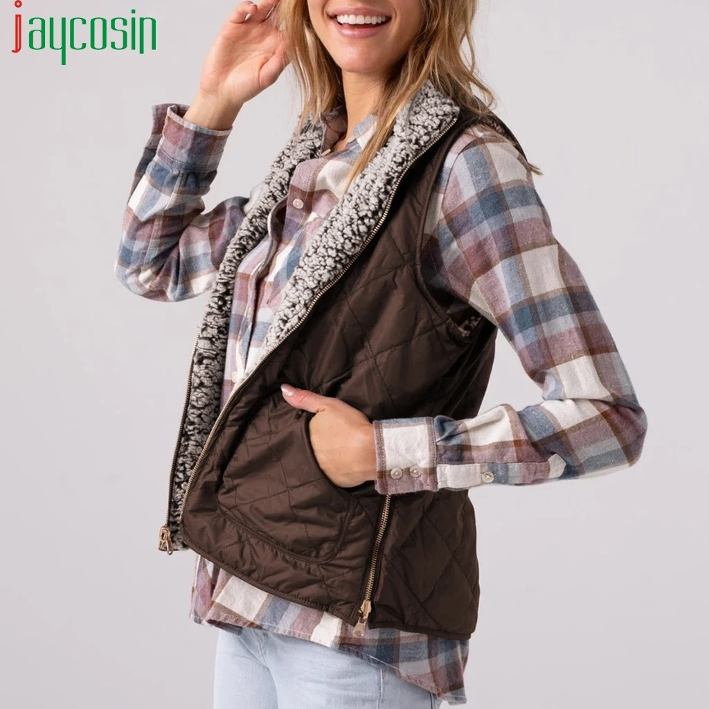 wonderful  Women Double-Sided Jacket Plush Warm Slim Solid Color O-Neck Zip-up Coats Ladies Tops Sleeveless Pl