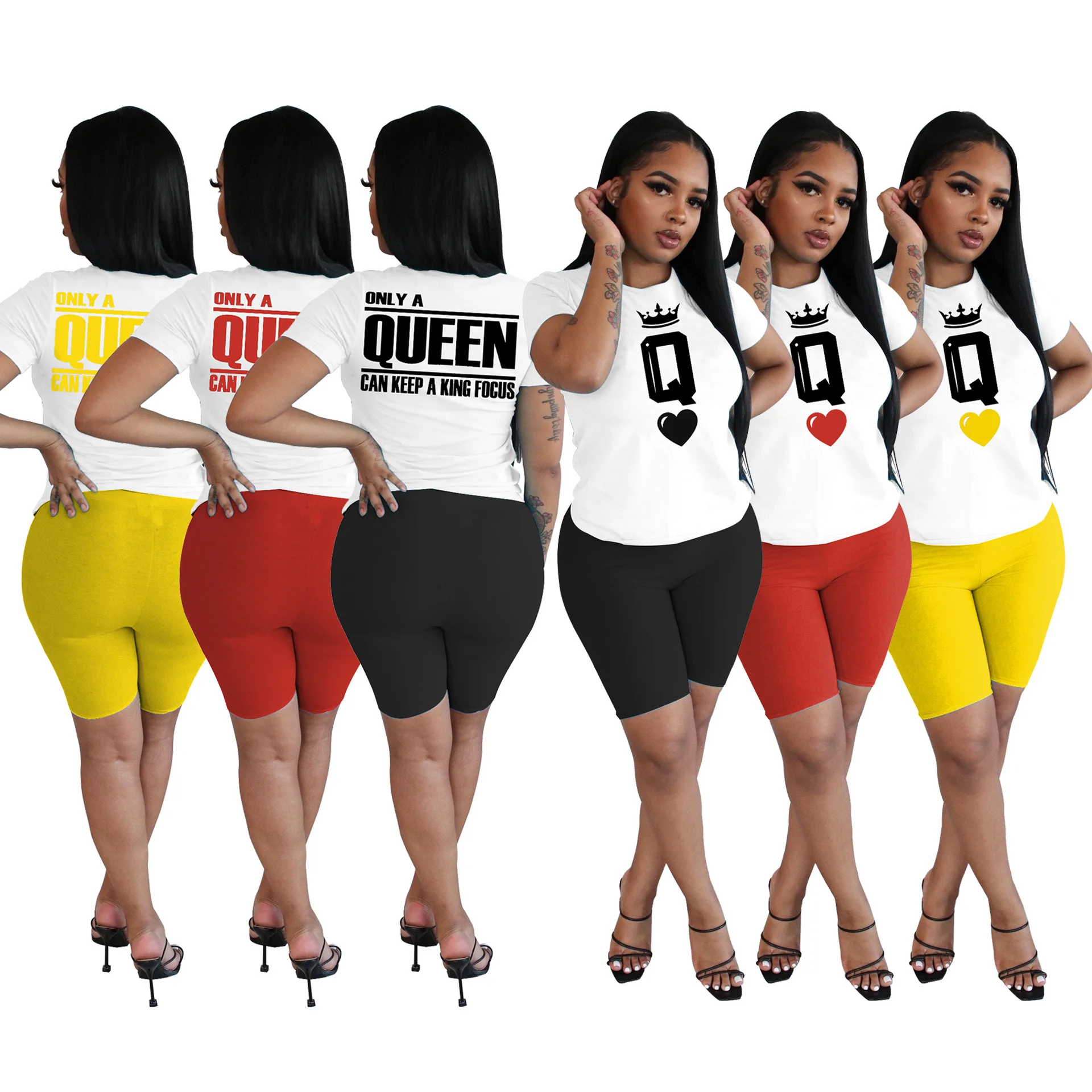 

Echoine Women Letters Printed Cards Two Piece Set Tracksuit Tee Tops Shorts Jogger Suit Sporty Fitness Club Matching Set Outfits