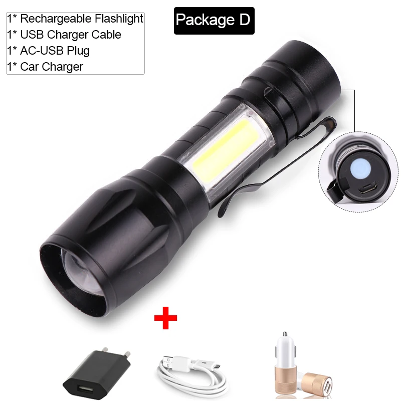 Package D Фонарик USB Перезаряжаемый фонарь масштабируемый фонарик мощный водонепроницаемый фонарь для кемпинга COB светодиодный фонарик - Испускаемый цвет: Package D
