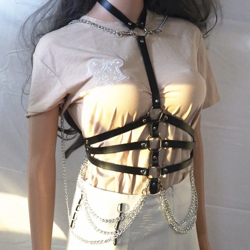 

Fashion Women Body Harness Tank Tops Sexy Chain Backless Leather Crop Top Wedding Dress Party Wear Bra Waist Belt Wholesale