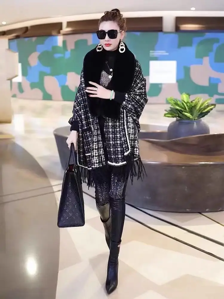 Inverno Maniche A Pipistrello Mantello A Righe Caldo Nero Bianco Poncho Cappa Lavorato A Maglia Donna Pelliccia Sintetica Visone Velluto Cardigan Capp