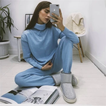

Autumn winter Knitted tracksuit Turtleneck sweatshirts 2020 Women Suit clothing 2 Piece set Knit pant Female Sporting suit K562