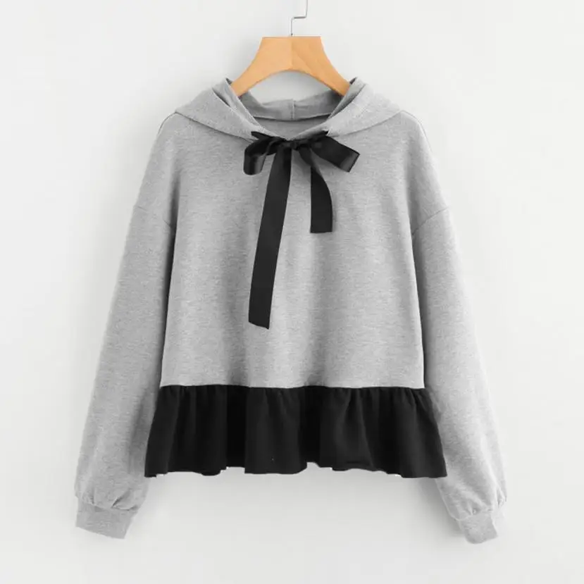 Sweatshirt women's hoodies Autumn Ruffles Patchwork Bow Long Sleeve Jumper Hooded Pullover hoodies and sweatshirts women NewF731