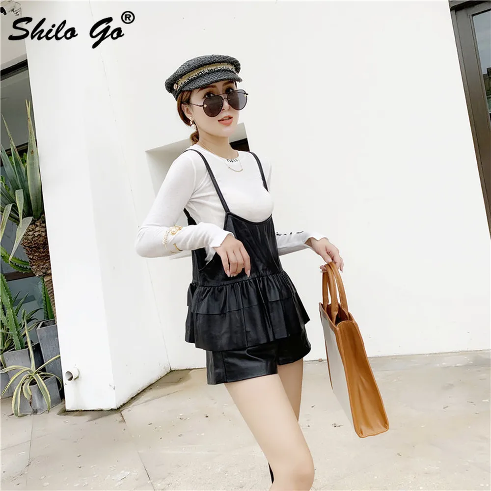 Genuine Leather Camis Black Minimalist Ruffles Hem Sleeveless Strap Sheepskin Tops Women Autumn Winter Casual Solid Top Shirts