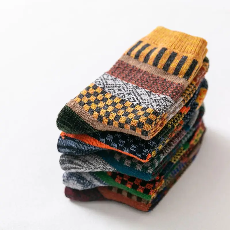 5 Pairs Ethnic Mens Chunky Knit Crew Socks Geometric Stripes Winter Warm Hosiery