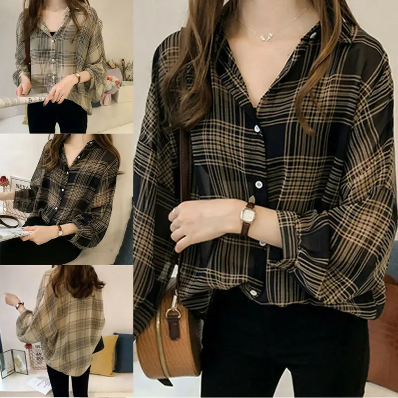 Women's Casual Check Shirts Summer Sunscreen Plaid Button Long Sleeve Baggy Shirt Ladies Blouse Tops and Blouses Plus Size M-4XL
