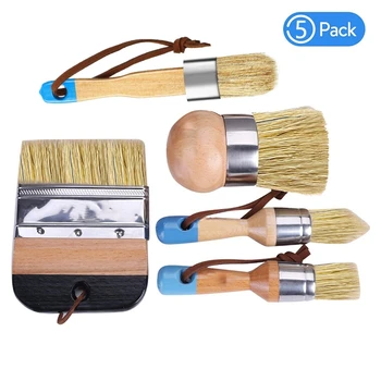 

NEW-5Pcs Chalk Paint & Wax Brush Natural Bristle Brush Set - Round Brush, 3 Piece Brush Set & 4Inch Flat Brush