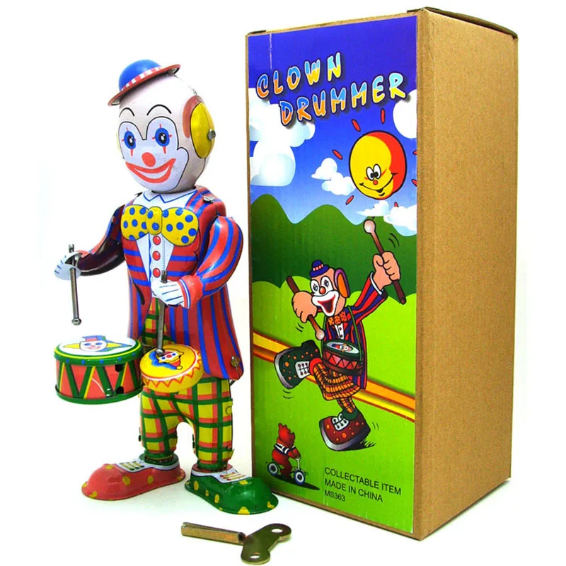 Clown Drumming Rabbit Tin Toy 21cm Childhood Clockwork Winder Vintage Handmade Collection Home Action Figure Metal Wind Up Toys | Игрушки и