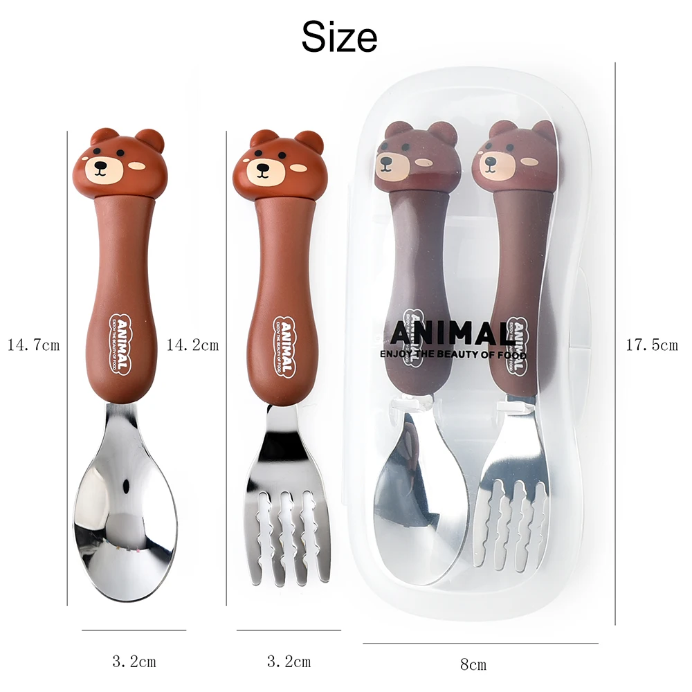 2Pcs Kids Silverware Cute Spoon Fork Travel Carry Set Children Portable Tableware Toddler Utensils Spoon Fork with Travel Case
