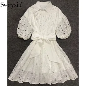 

Svoryxiu Elegant Hollow Out Embroidery White Dress Women's Puff Sleeve Lace up Bow Spring Summer Party High Quality Mini Dresses