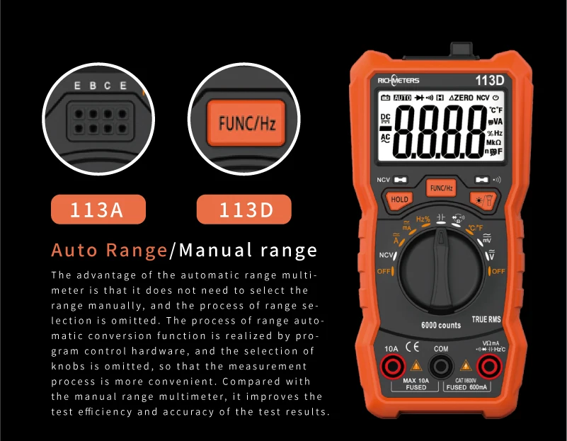 RICHMETERS RM113D NCV Цифровой мультиметр 6000 отсчетов Автоматический диапазон AC/DC измеритель напряжения вспышка светильник задний светильник большой экран диод