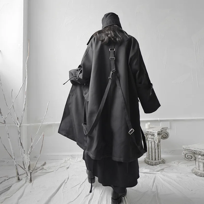

Loose fit black buckle asymmetric large size long coat new lapel long sleeve women coat fashion trend 2020 women's clothing
