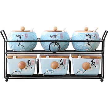 

Ceramic Cruet Set Spice Rack And Jar Condiment Seasoning Pepper Bottle Storage Box Pepper Salt Container With Spoon For Kitchen