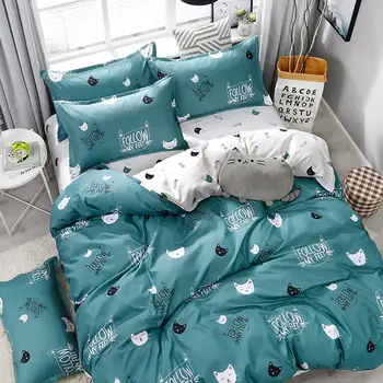 

Home Textile Bedding Sets 5 size Green Cats Summer Bed Linens 3/4pcs Duvet Cover Set Pastoral Bed Sheet AB Side Duvet Cover