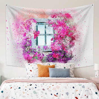 

Cassisy Tapestry Window With Pink Flowers Watercolour style Artwork Wall Hanging Tapestries Decor Wall Cloth Home Decorations