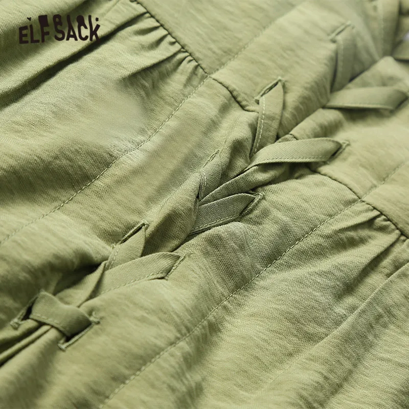 ELFSACK, зеленое однотонное Повседневное платье с оборками для женщин, осень, цвета хаки, с воланами, с рукавами, праздничные женские платья
