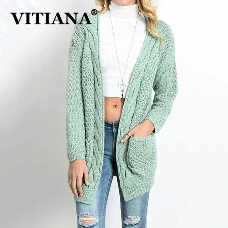 VITIANA Long Sleeve Long Knit Cardigans Women Sweater Autumn Female Knitted Loose Open Stitch Oversized Sweaters Femme Winter