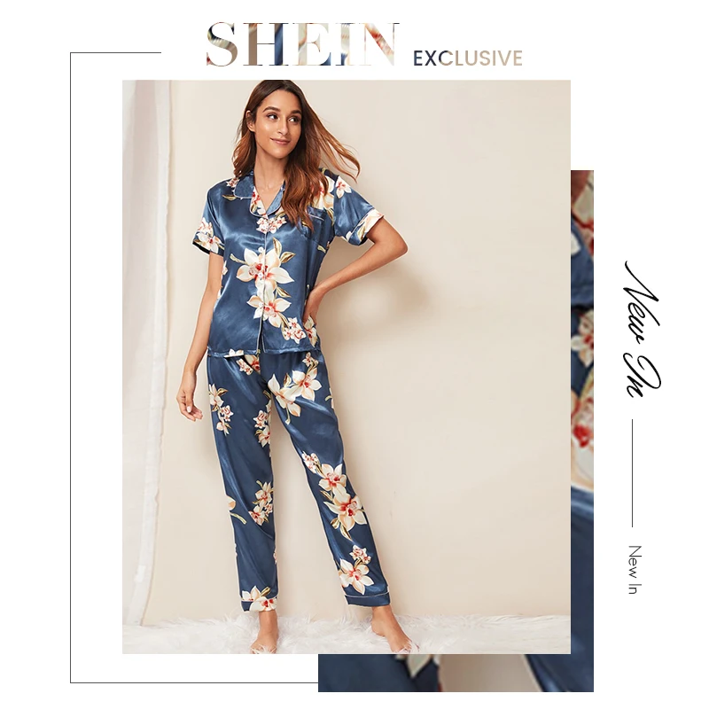 SHEIN Многоцветный цветочный принт атласный Повседневный Пижамный комплект для женщин лето осень пуговица планка короткий рукав зубчатый Ночная Пижама с горловиной