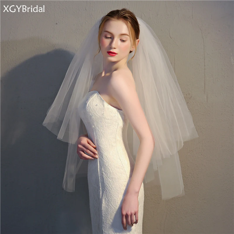 

Elegant Wedding Veils Short Two Layers Bridal Veil Wedding Accessories With Comb Women White Ivory Velos De Novia Ribbon Edg