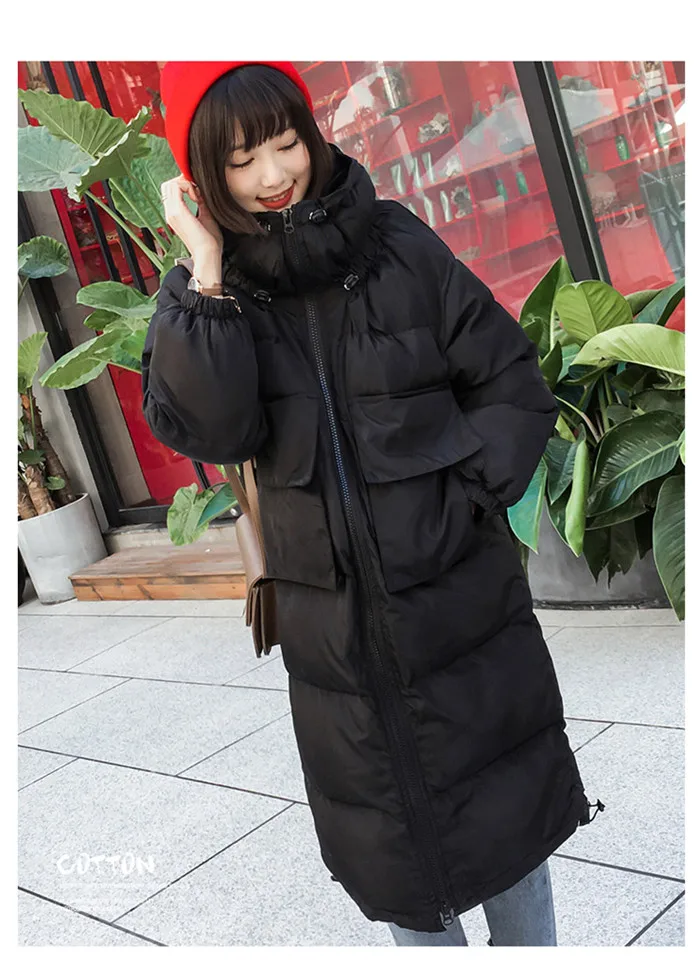 Harajuku модные повседневные свободные зимние куртки с карманами, женские длинные стеганые пальто со стоячим воротником, Женская однотонная парка, топ, большие размеры, f2194