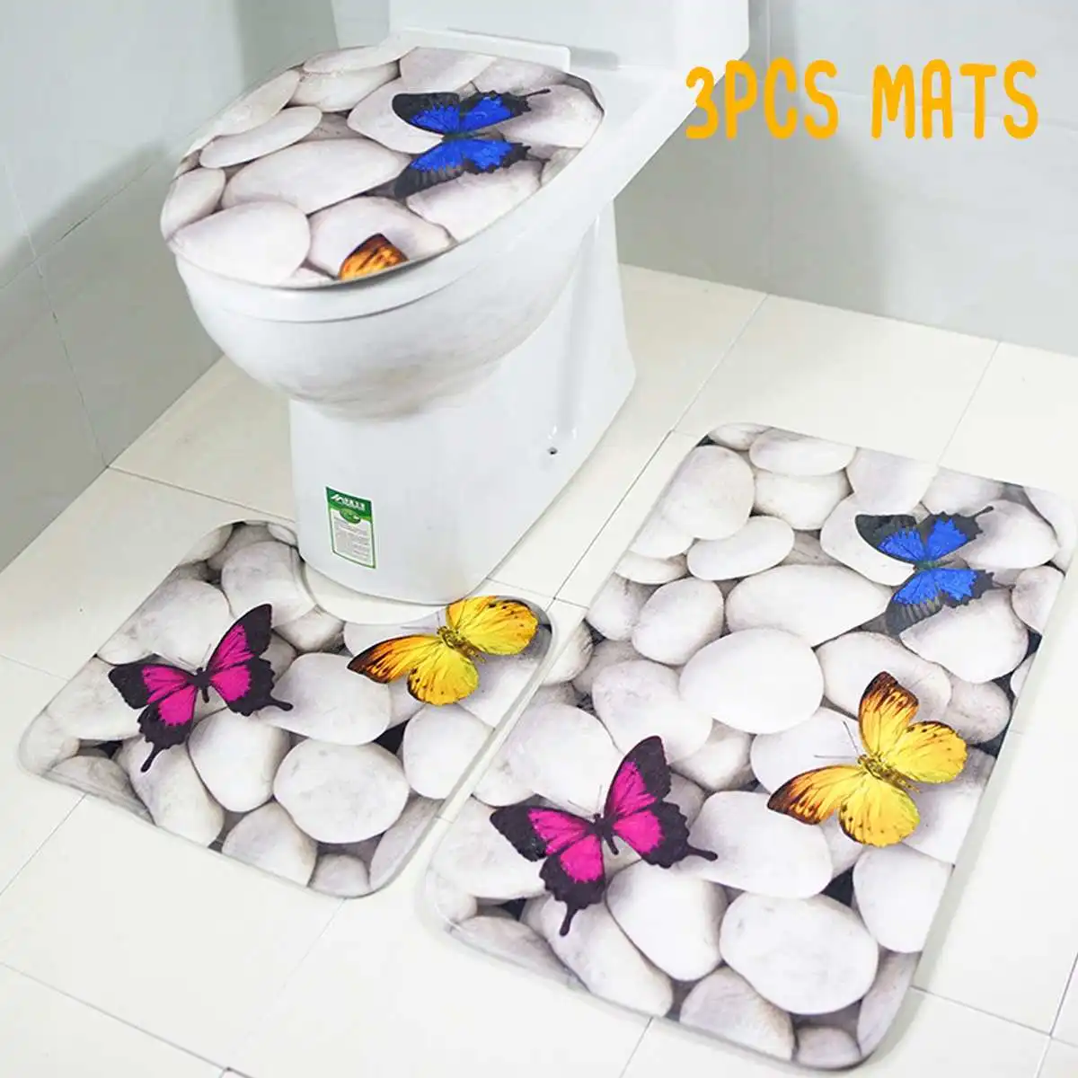 

1/3/4PCS waterproof bathroom Printed butterfly stone anti-slip mat set toilet cover home decoration bathroom mat shower curtain