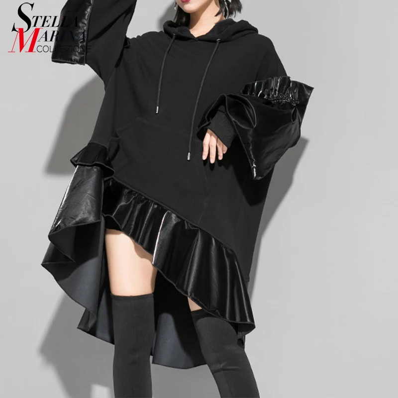 New 2019 Korean Style Women Solid Black Long Hoodie Sweatshirt PU Ruffles Oversized Lady Cute Wear Casual Outerwear J284 | Женская
