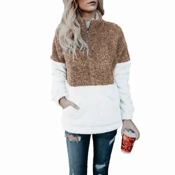 

Women Patchwork Turtleneck Outerwear Artificial Fleece Long Sleeve Zipper Jacket Casual Warm Winter Autumn Loose Coat