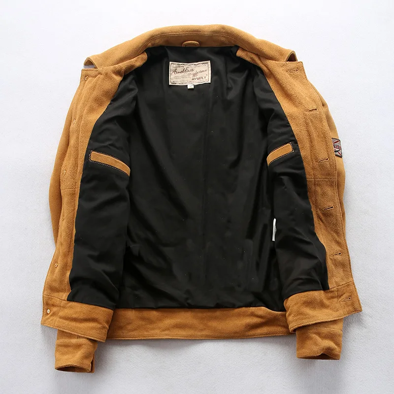 Мужская джинсовая куртка желтая приталенная однобортная из коровьей замши с