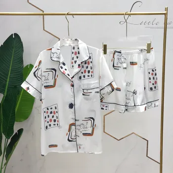 

Fiklyc Summer New Short-Sleeved Shorts Pajamas Female Ice Silk Cartoon Printed Cardigan Home Service Fashion Silk Suit