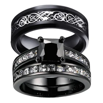 

Lovers Rings-Men's Stainless Steel Rings and Women's Black Cubic Zirconia Bridal Engagement Rings Valentine's Day Gifts