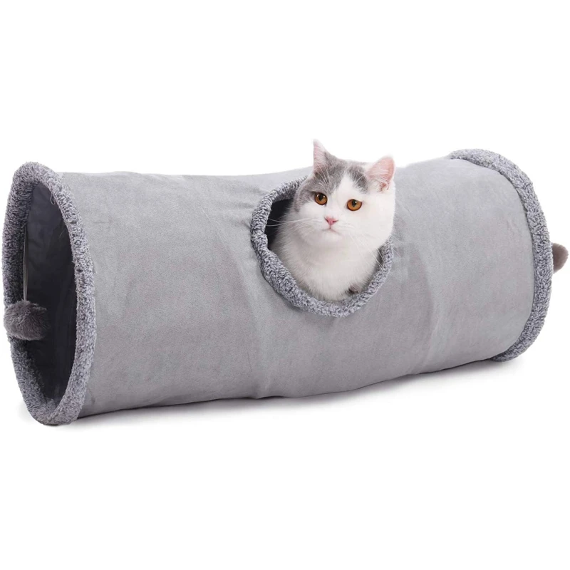 Складной туннель для кошек, игрушки для кошек, туннель для игр, прочный замшевый туннель для питомцев с мячом 12x26 дюймов
